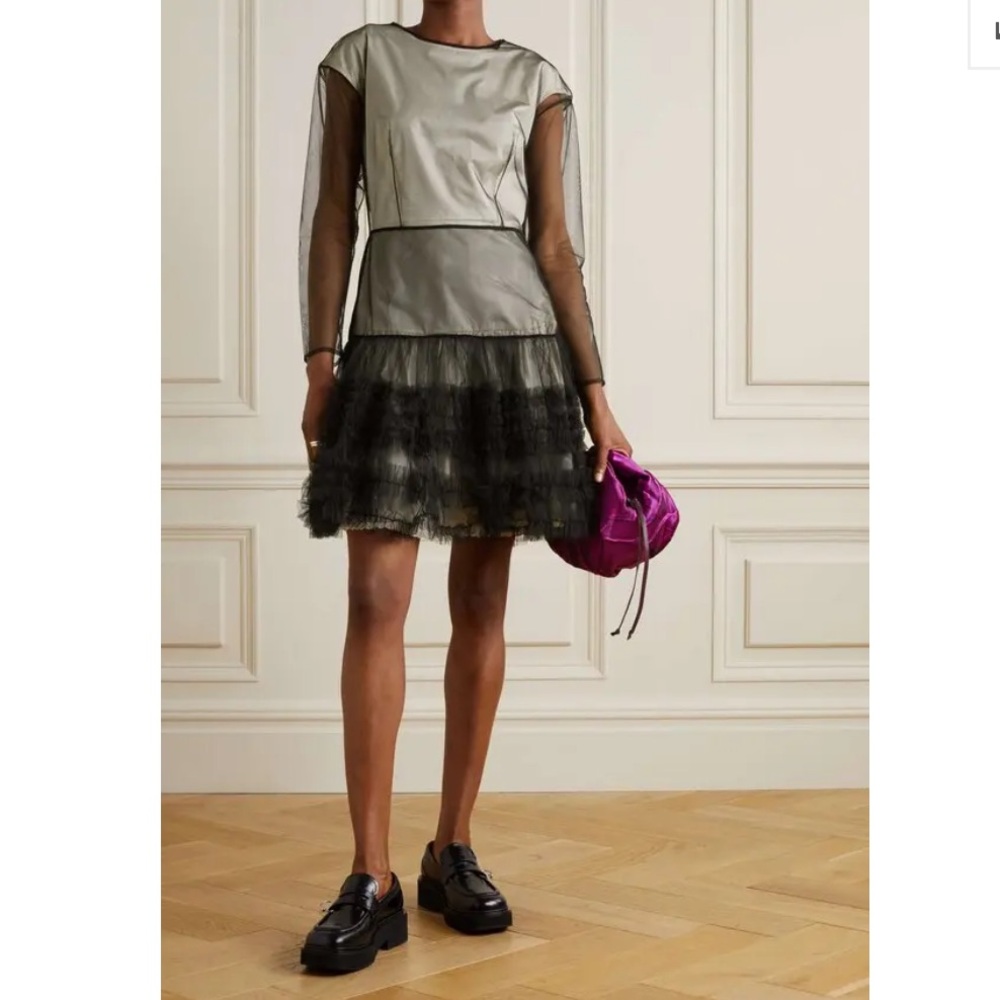 NWT MOlly Goddard Sheer Black Mesh Ruffle Hem Dress
